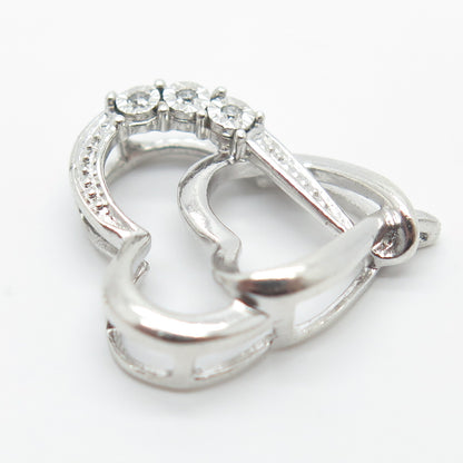 925 Sterling Silver Real White Diamond Couple of Hearts Slide Pendant