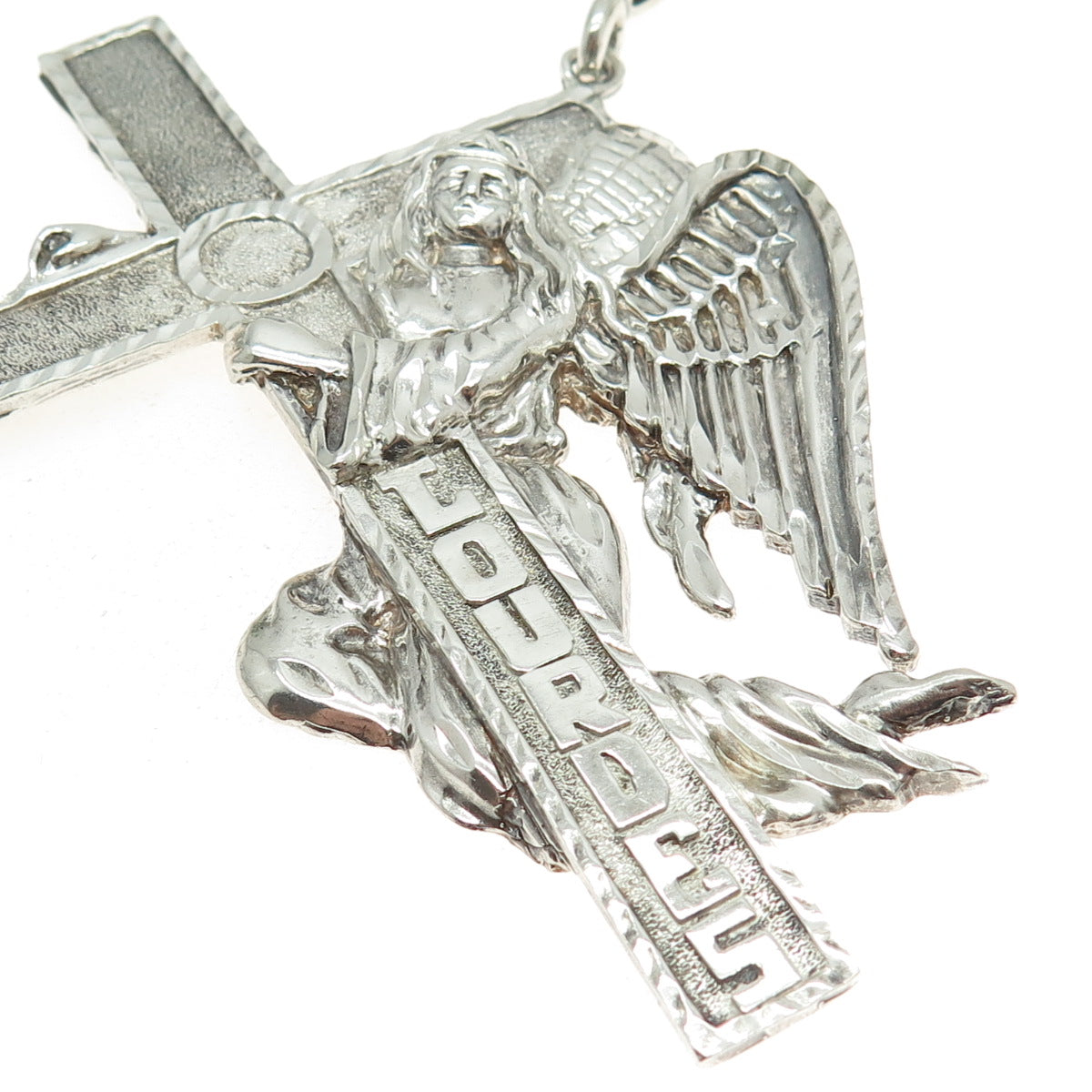 1 OF A KIND 925 Sterling Silver Vintage Lourdes Cross Angel Religious Pendant