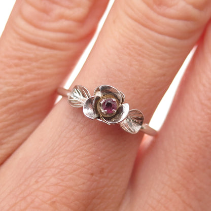 925 Sterling Silver Vintage Real Ruby Rose Flower Oxidized Ring Size 7.75