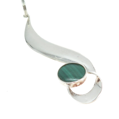 925 Sterling Silver Vintage Real Malachite Gemstone Modernist Pendant