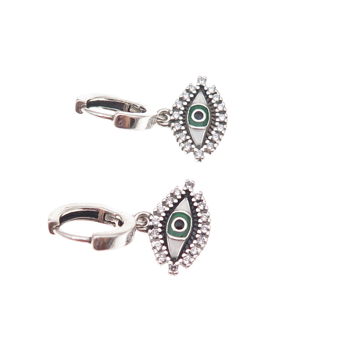 925 Sterling Silver Enamel & C Z Evil Eye Dangle Charm Hoop Earrings