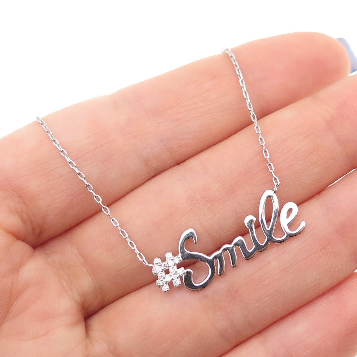 925 Sterling Silver Round-Cut C Z #Smile Cable Chain Necklace 16-18"