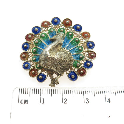 800 Silver Gold Plated Vintage Italy Enamel Peacock Bird Filigree Pin Brooch