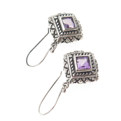 925 Sterling Silver Vintage Real Amethyst Oxidized Dangle Earrings