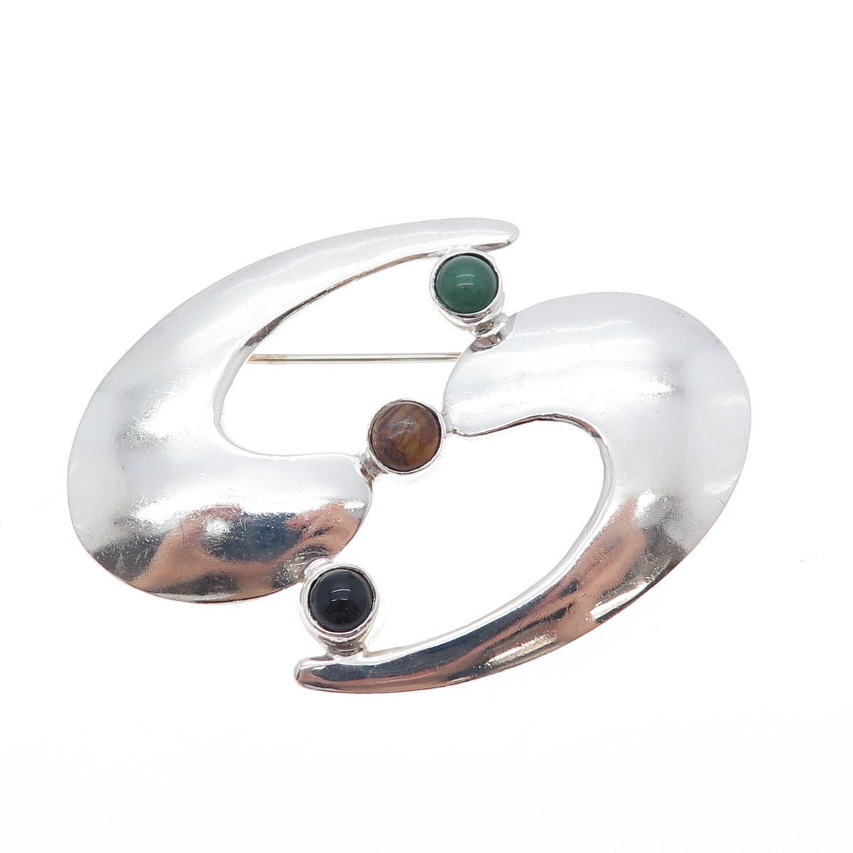 925 Sterling Silver Vintage Mexico Black & Green Onyx Tiger Eye Modernist Brooch