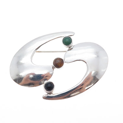 925 Sterling Silver Vintage Mexico Black & Green Onyx Tiger Eye Modernist Brooch
