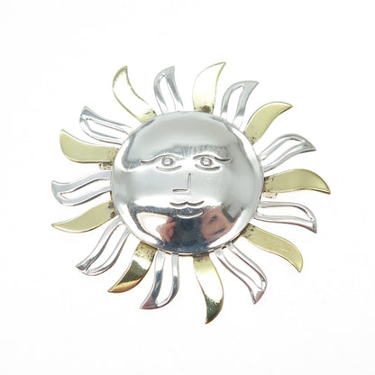 925 Sterling Silver 2-Tone Vintage Mexico Sun Face Pin Brooch