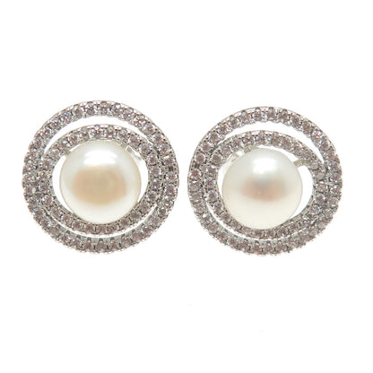 925 Sterling Silver Real Pearl & Round-Cut C Z Multi-Circle Stud Earrings