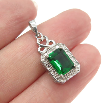 925 Sterling Silver Real White Diamond Accent & Lab-Created Emerald Pendant