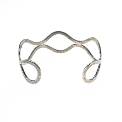925 Sterling Silver Vintage Modernist Wavy Oxidized Adjustable Cuff Bracelet 7"