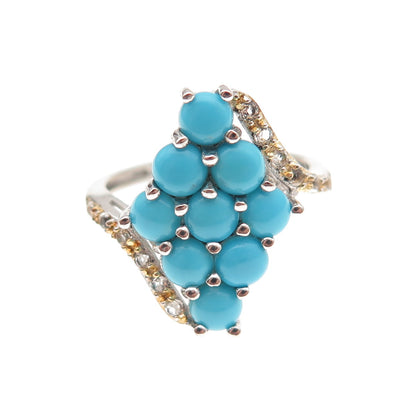 925 Sterling 2-Tone Real Sleeping Beauty Turquoise & White Topaz Ring Size 7.25