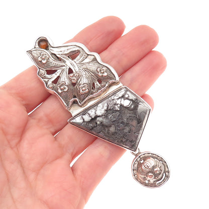 AKR Amy Kahn Russell 925 Sterling Vintage Amber & Hematite Modernist Pin Pendant