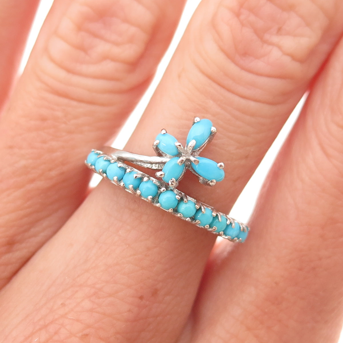 Chuck Clemency 925 Sterling Real Sleeping Beauty Turquoise Floral Ring Size 6.25