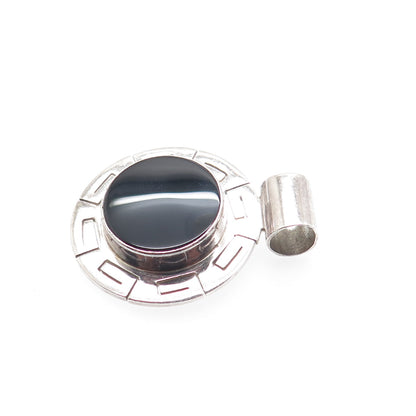 925 Sterling Silver Vintage CII Mexico Real Black Onyx Greek Key Slide Pendant
