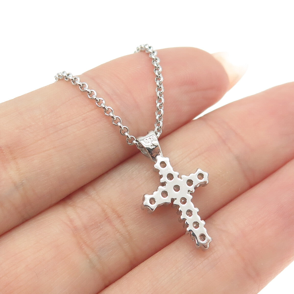 925 Sterling Silver Round-Cut C Z Cross Cable Chain Necklace 16"