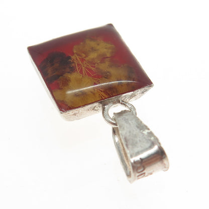 925 Sterling Silver Vintage Mexico Glass Pressed Flower Pendant