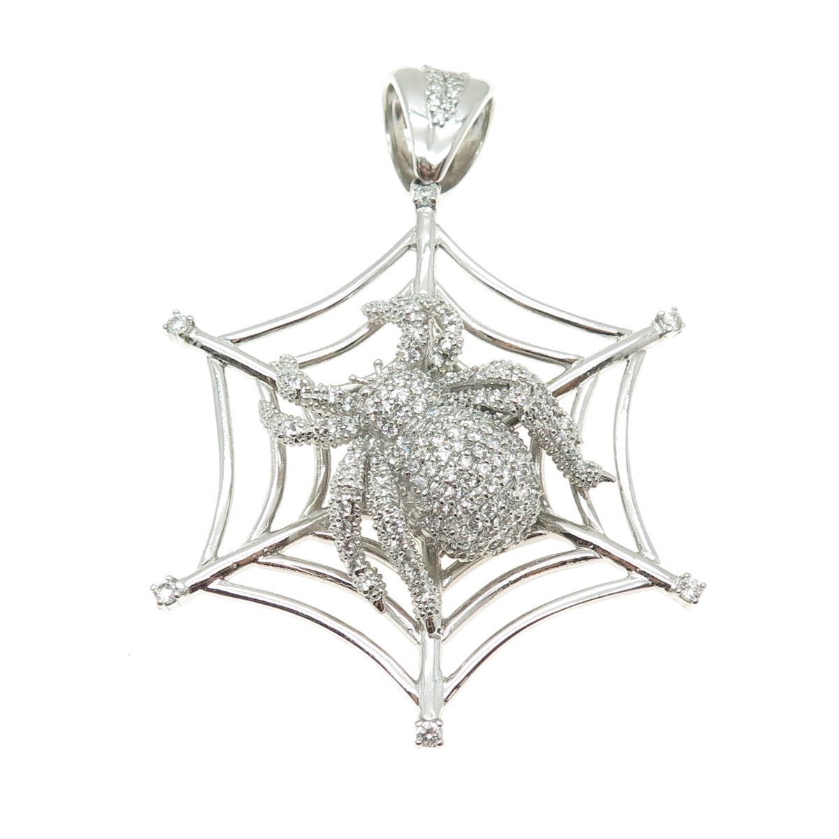 925 Sterling Silver Round-Cut C Z Spider Web Pendant