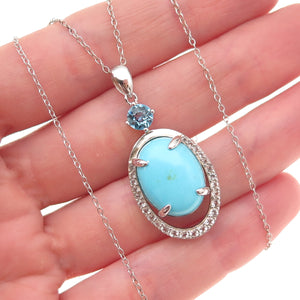925 Sterling Silver Real Turquoise Blue & White Topaz Cable Chain Necklace 18"