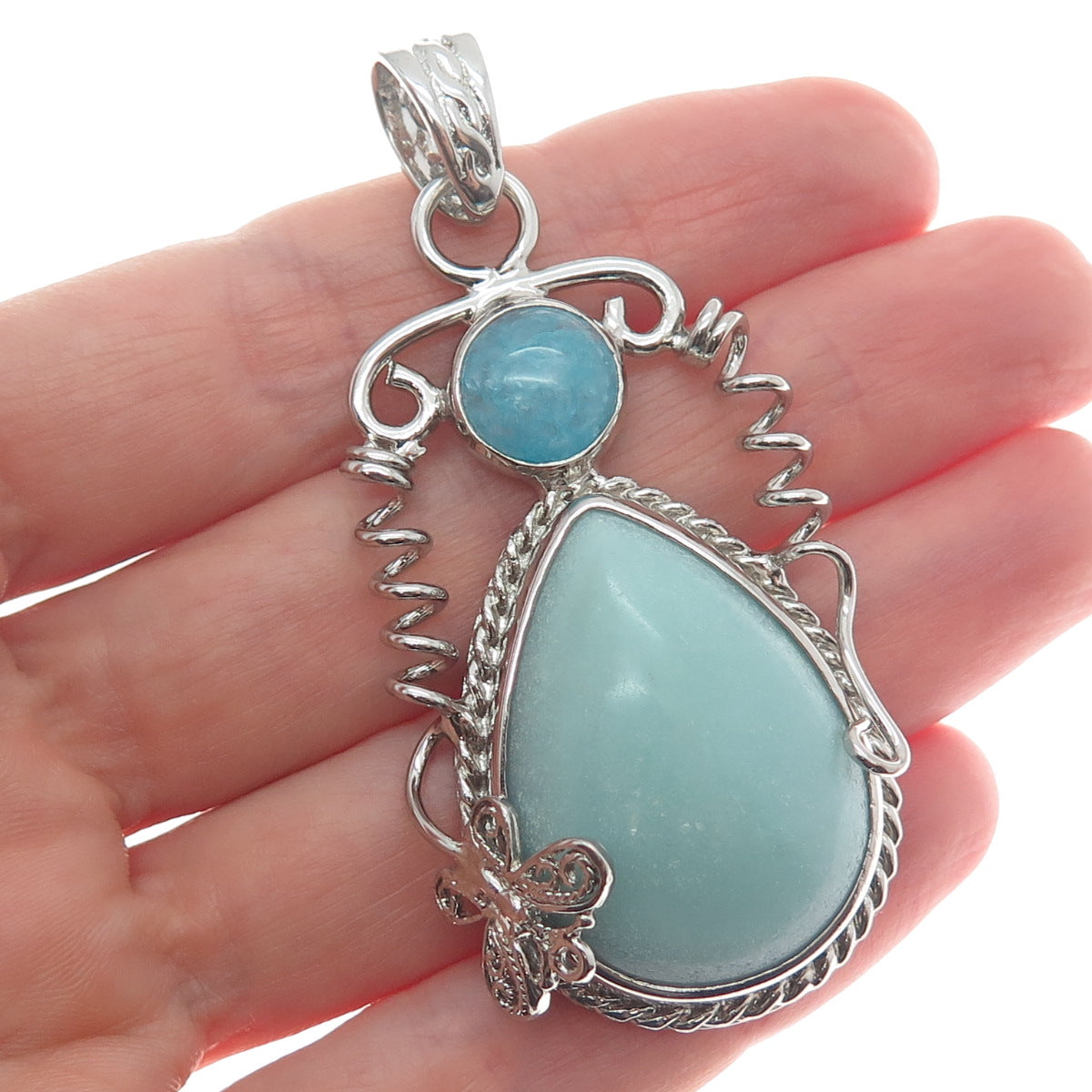 925 Sterling Silver Vintage Real Larimar Blue Quartz Butterfly Teardrop Pendant