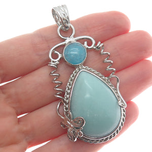 925 Sterling Silver Vintage Real Larimar Blue Quartz Butterfly Teardrop Pendant