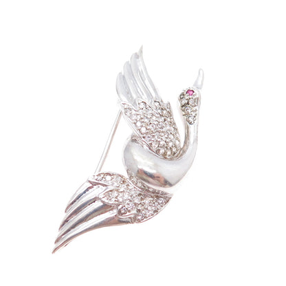 925 Sterling Silver Vintage Real Ruby & Rhinestone Swan Pin Brooch