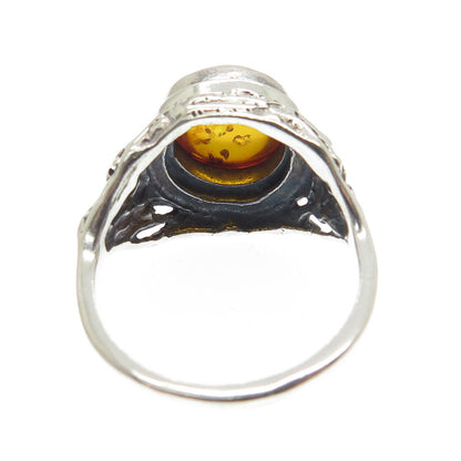 925 Sterling Silver Vintage Real Amber Modernist Ring Size 8.25