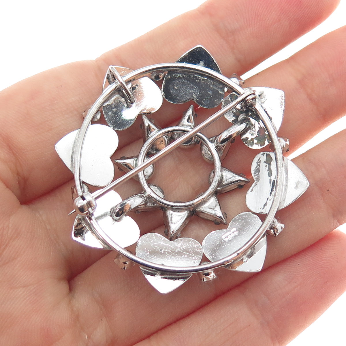 CARL ART 925 Sterling Silver Vintage Purple Rhinestone Heart Flower Pin Brooch