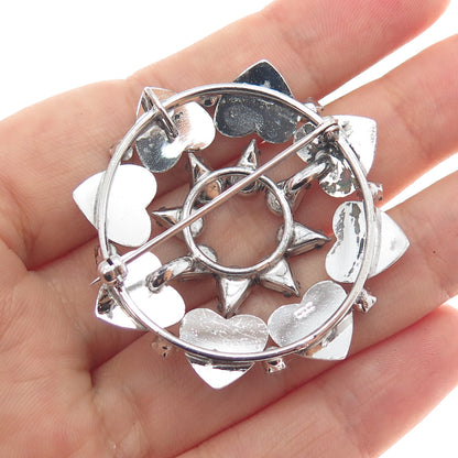 CARL ART 925 Sterling Silver Vintage Purple Rhinestone Heart Flower Pin Brooch