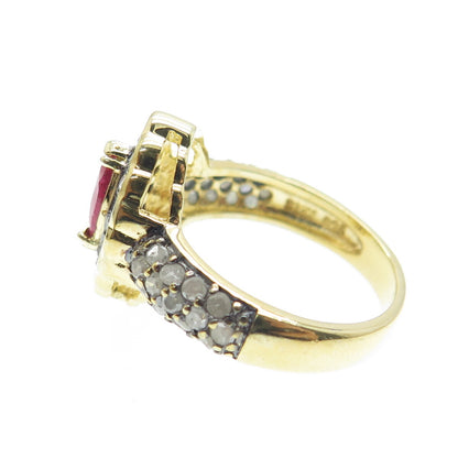 925 Sterling Silver Gold Plated Diamond & Marquis-Cut Ruby Gem Ring Size 6.25