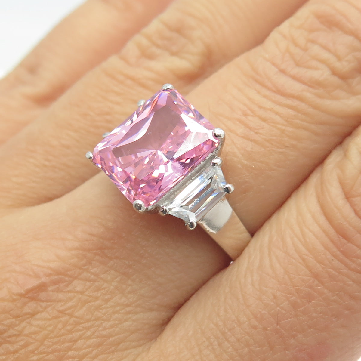 925 Sterling Silver Radiant-Cut Pink & White C Z Ring Size 8