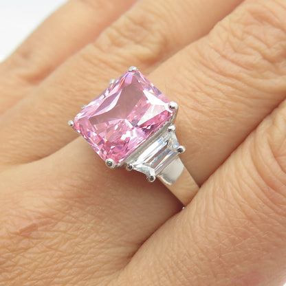 925 Sterling Silver Radiant-Cut Pink & White C Z Ring Size 8
