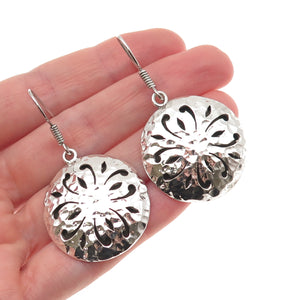 925 Sterling Silver Vintage Modernist Floral Hammered Dangle Earrings