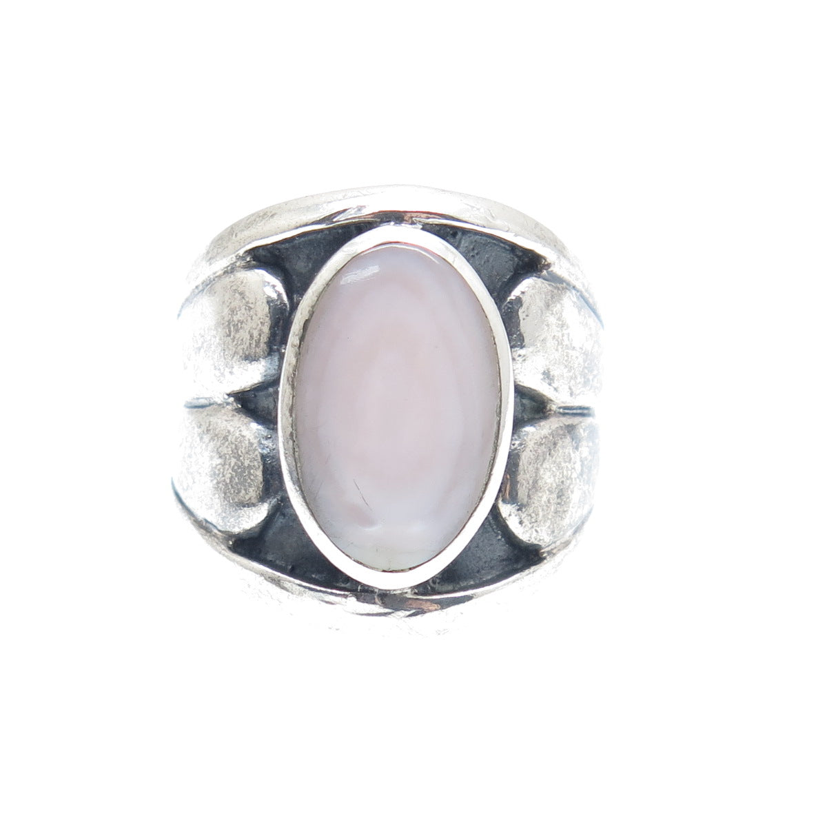 925 Sterling Silver Vintage Real MOP Modernist Heart Oxidized Ring Size 7.5