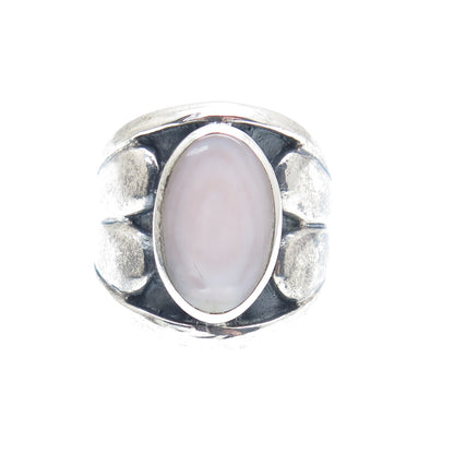 925 Sterling Silver Vintage Real MOP Modernist Heart Oxidized Ring Size 7.5