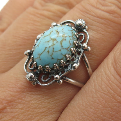 925 Sterling Silver Antique Art Deco Faux Turquoise Cannetille Ring Size 7.5