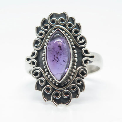 925 Sterling Silver Vintage Real Amethyst Gem Swirl Statement Ring Size 8.5