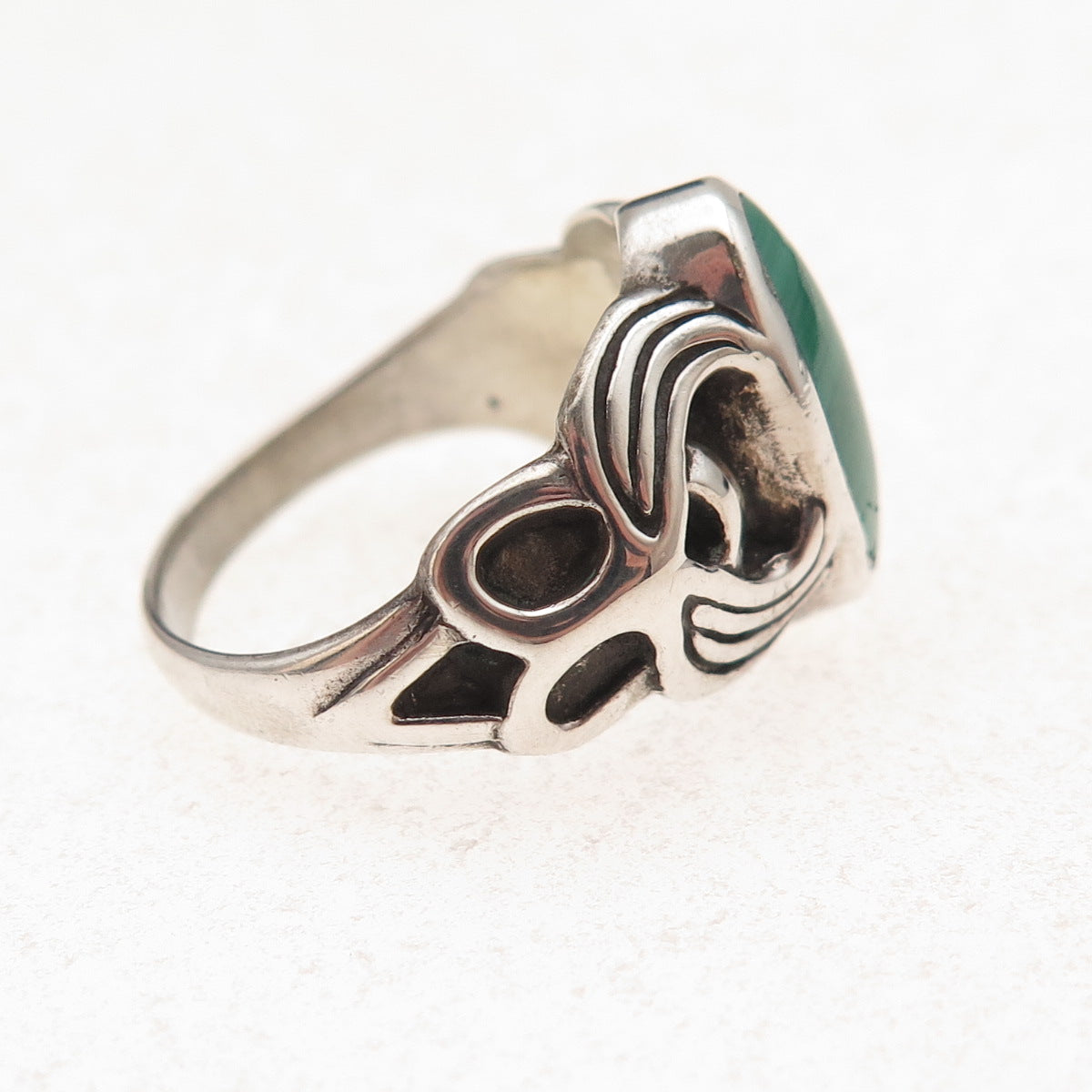 925 Sterling Silver Vintage Real Malachite Owl Bird Oxidized Ring Size 7.25