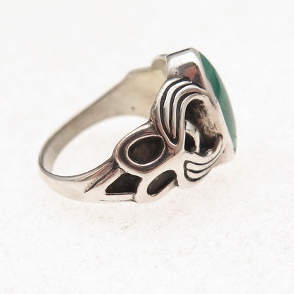 925 Sterling Silver Vintage Real Malachite Owl Bird Oxidized Ring Size 7.25