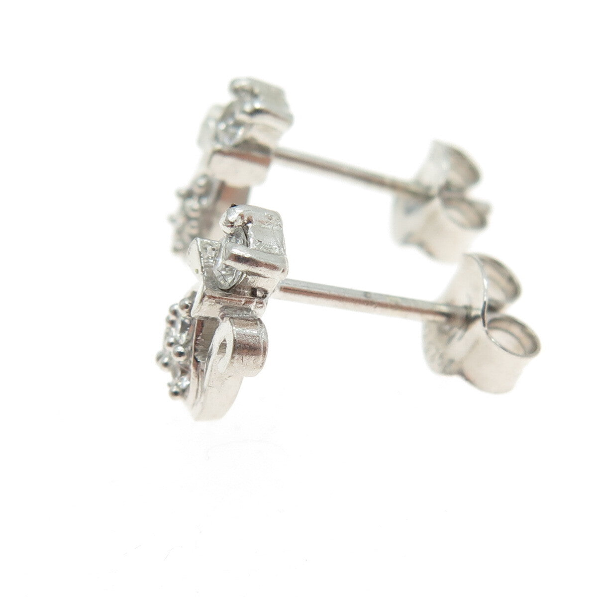 925 Sterling Silver Round-Cut Shaped C Z Cat / Kitty Stud Earrings