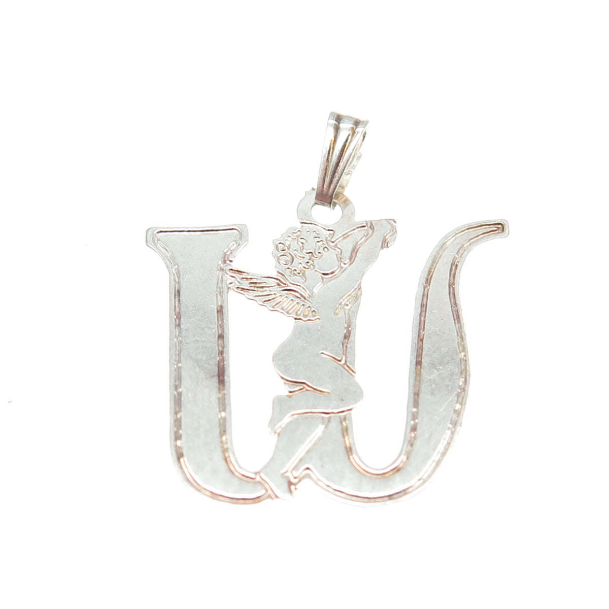 925 Sterling Silver Vintage Letter "W" Initial Cherub Pendant