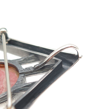 925 Sterling Silver Vintage Real Rhodochrosite Modernist Pin Brooch / Pendant