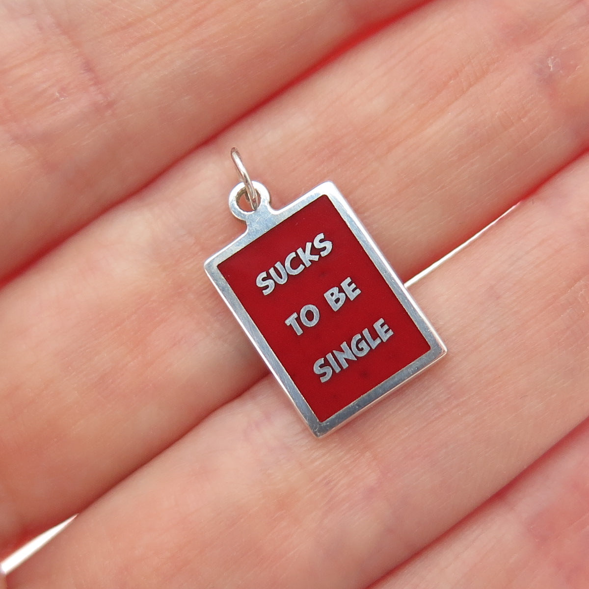925 Sterling Silver Red Enamel Sucks To Be Single Minimalist Charm Pendant