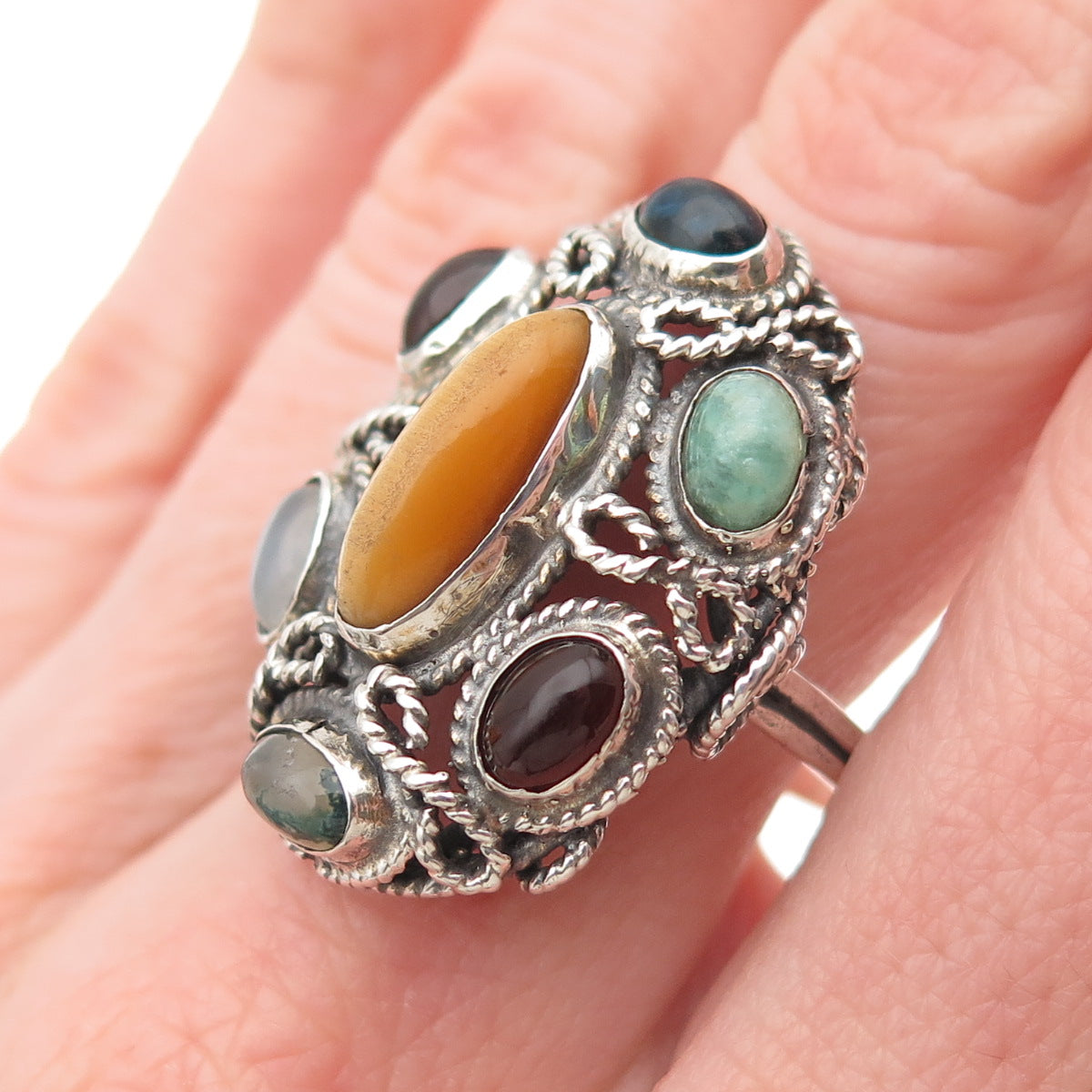 925 Sterling Vintage Tiger Eye Agate Garnet Moonstone & Amazonite Ring Size 9.25