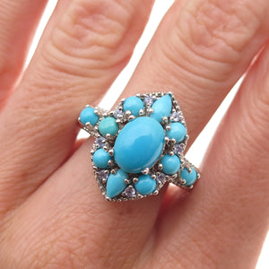 Chuck Clemency 925 Sterling Silver Real Turquoise & Tanzanite Floral Ring Size 8