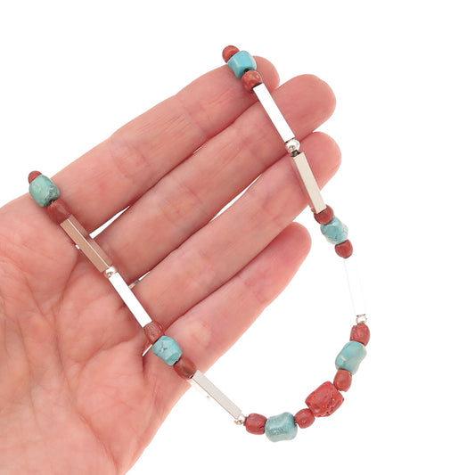 Old Pawn Sterling Silver Vintage Turquoise Coral Bead & Bar Chain Necklace 16"