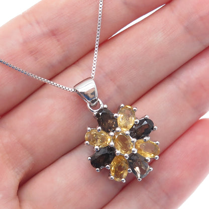 925 Sterling Silver ADI Real Smoky Quartz & Yellow Topaz Box Chain Necklace 18"
