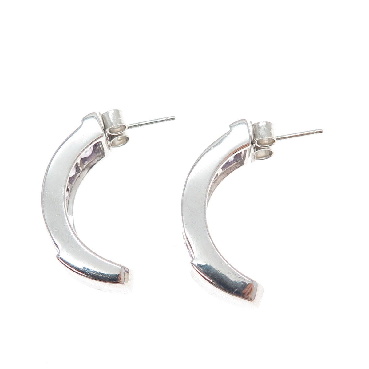 925 Sterling Silver Real Emerald-Cut Amethyst Half Hoop Earrings