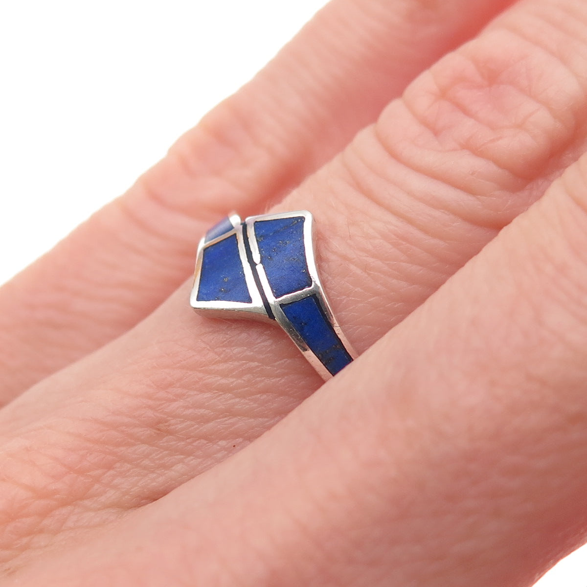 925 Sterling Silver Vintage Real Lapis Bypass Oxidized Ring Size 4.75