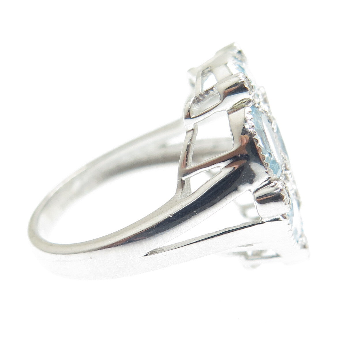 925 Sterling Silver Real White & Blue Sapphire Cluster Ring Size 7