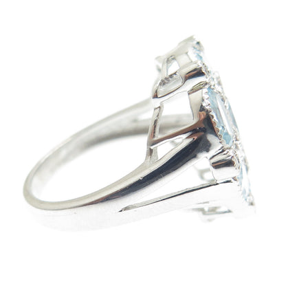 925 Sterling Silver Real White & Blue Sapphire Cluster Ring Size 7